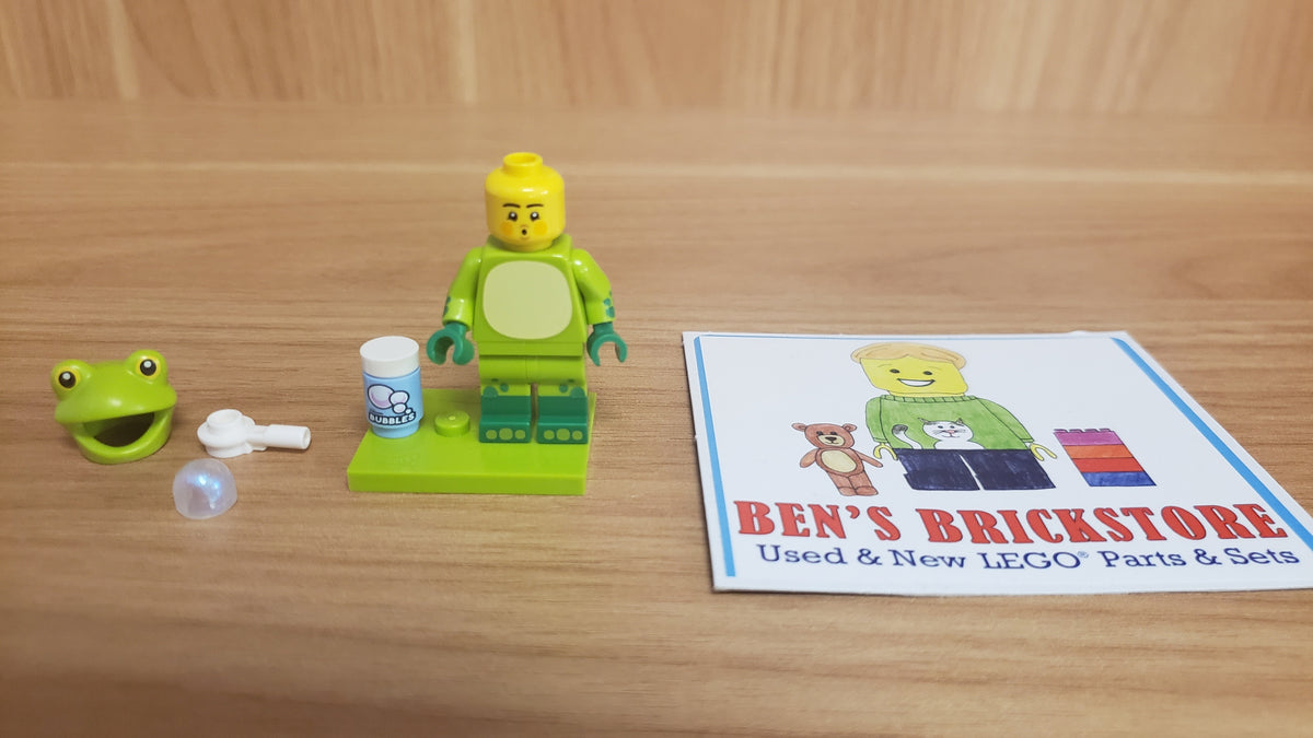 New, Sealed LEGO® Collectible Minifigures Set 71051, col28-5 - Frog Costume Fan, Series 28 (Complete Set with Stand and Accessories)