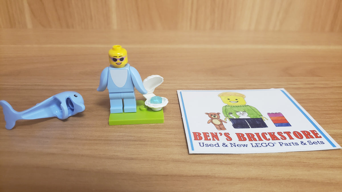 New, Sealed LEGO® Collectible Minifigures Set 71051, col28-9 - Dolphin Costume Fan, Series 28 (Complete Set with Stand and Accessories)