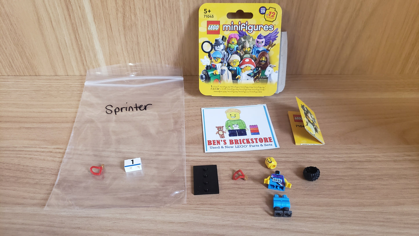 New, Complete LEGO® Collectible Minifigures Set col25-4 - Sprinter, Series 25 (Complete Set with Stand and Accessories)
