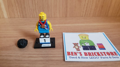 New, Complete LEGO® Collectible Minifigures Set col25-4 - Sprinter, Series 25 (Complete Set with Stand and Accessories)
