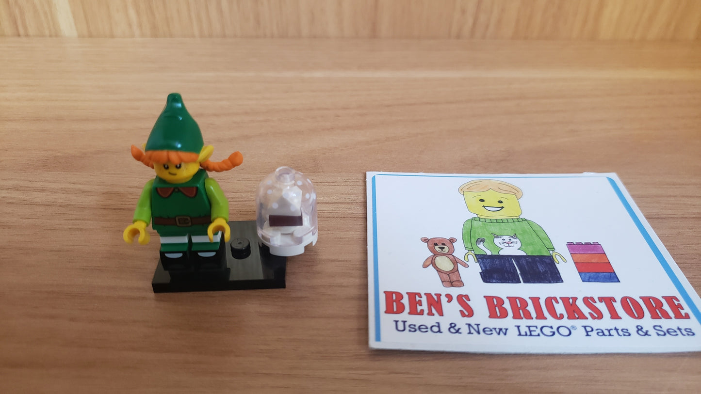Used LEGO® Collectible Minifigures Set col23-5 - Holiday Elf, Series 23 (Complete Set with Stand and Accessories)