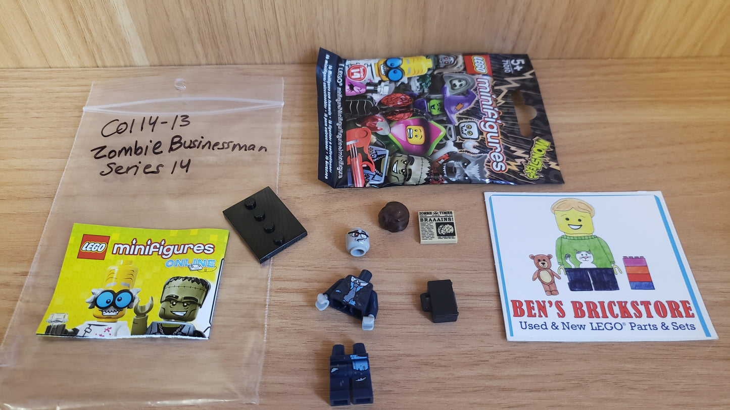 New, Sealed LEGO® Collectible Minifigures Set col14-13 - Zombie Businessman, Series 14 (Complete Set with Stand and Accessories)