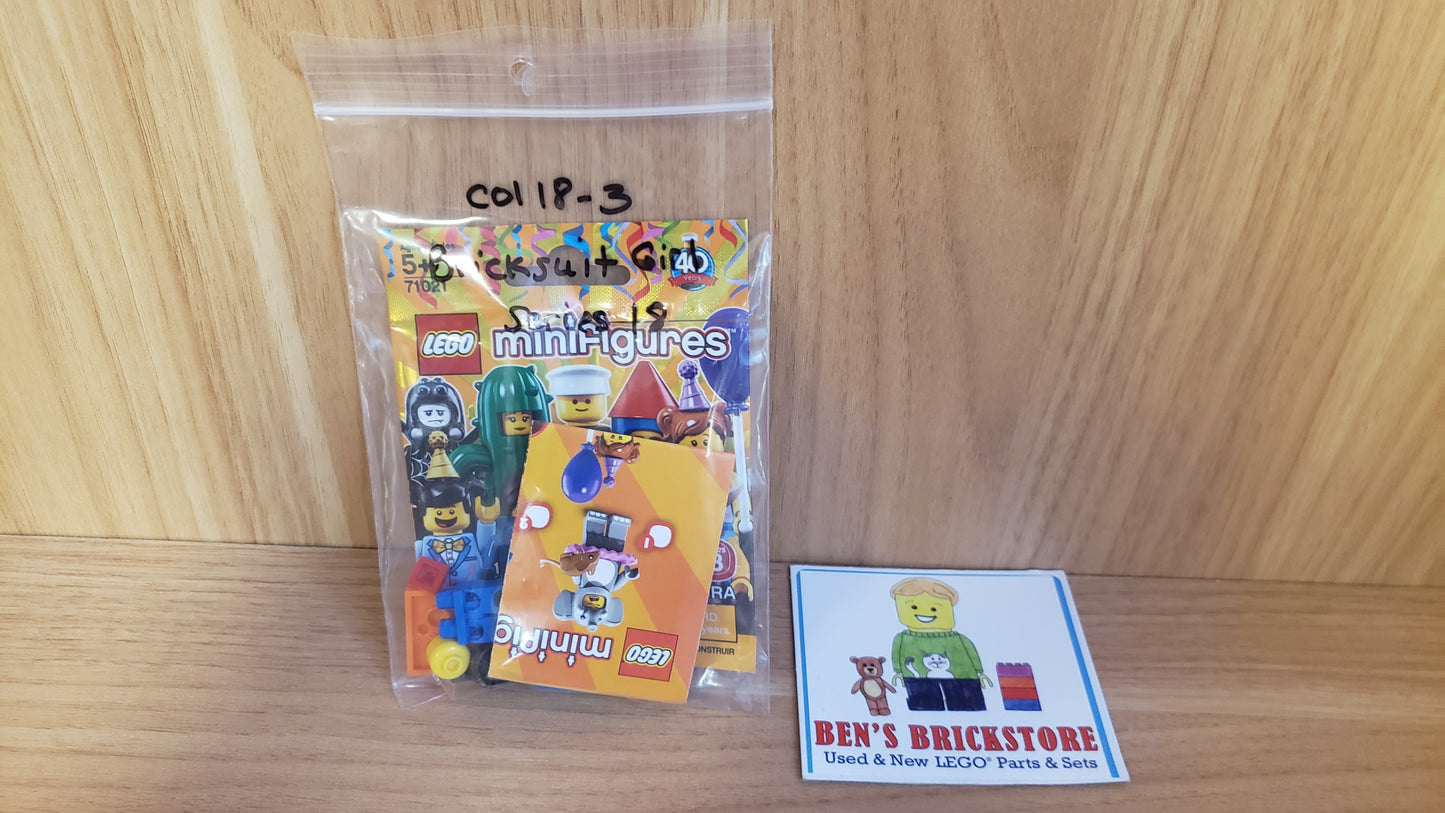 New, Complete  LEGO® Collectible Minifigures Set col18-3 - Brick Suit Girl, Series 18 (Complete Set with Stand and Accessories)
