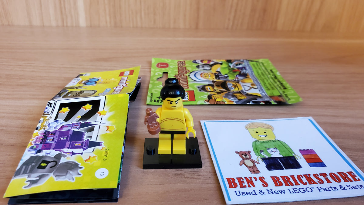 Used, Complete LEGO® Collectible Minifigures Set 8803, col03-7 - Sumo Wrestler, Series 3 (Complete Set with Stand and Accessories)
