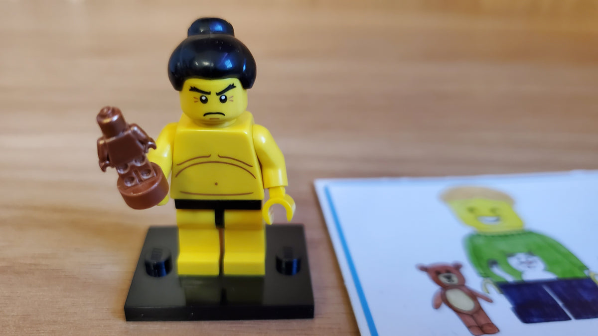 Used, Complete LEGO® Collectible Minifigures Set 8803, col03-7 - Sumo Wrestler, Series 3 (Complete Set with Stand and Accessories)