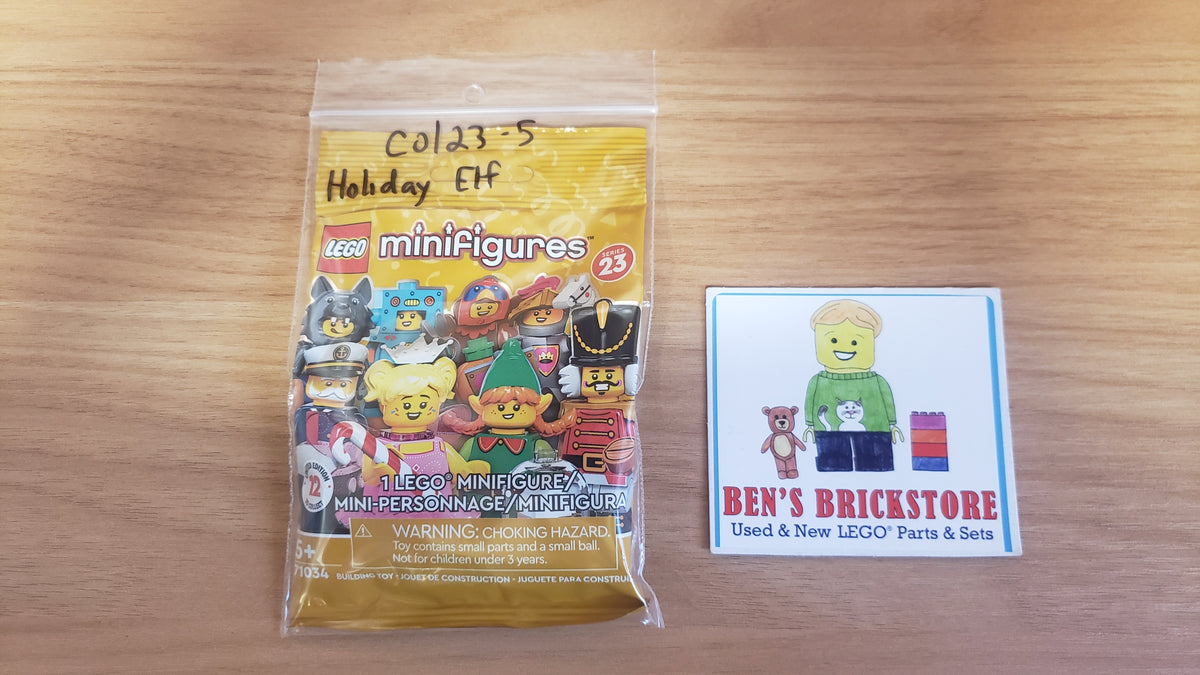 New, Complete LEGO® Collectible Minifigures Set 71034, col23-5 - Holiday Elf, Series 23 (Complete Set with Stand and Accessories)