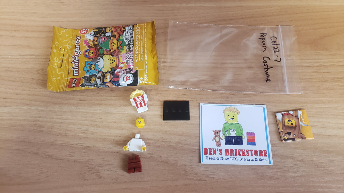 New, Complete LEGO® Collectible Minifigures Set 71034, col23-7 - Popcorn Costume, Series 23 (Complete Set with Stand and Accessories)